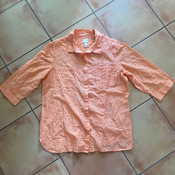 Chico's Women's Size 3 Orange 3/4 Sleeve Eyelet Button Up Shirt Top - Picture 1 of 5